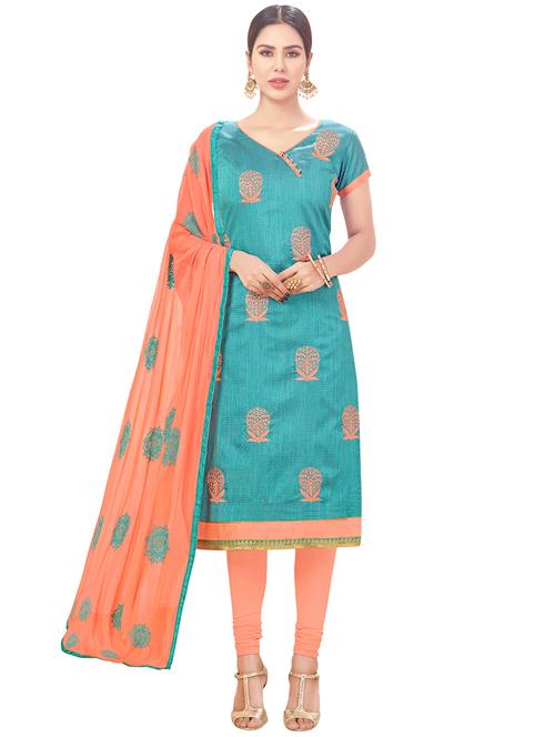 turquoise cotton unstitched suit - 14890126 - Very Small Image - 1