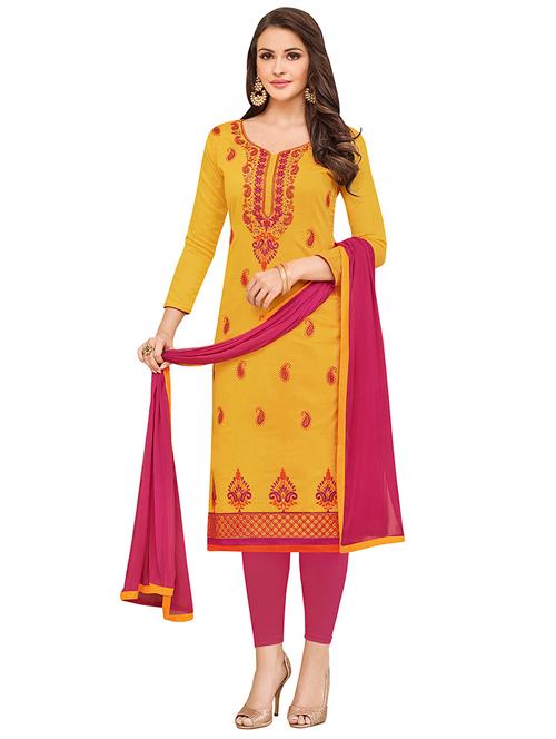 yellow embroidered unstitched churidaar suit - 14890136 - Very Small Image - 1