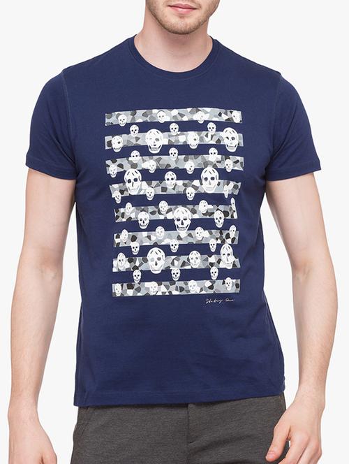 navy blue cotton chest print t-shirt - 14891850 - Very Small Image - 1