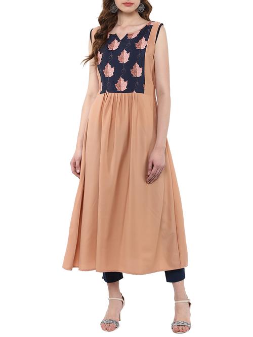 beige crepe flared kurta - 14895070 - Very Small Image - 1