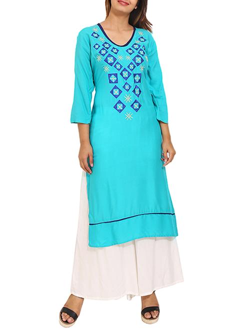 turquoise viscose straight kurta - 14895194 - Very Small Image - 1