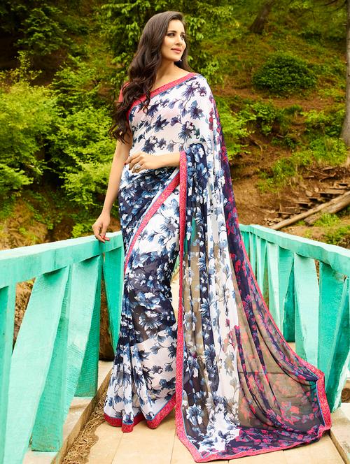 white georgette printed saree with blouse - 14895777 - Very Small Image - 1