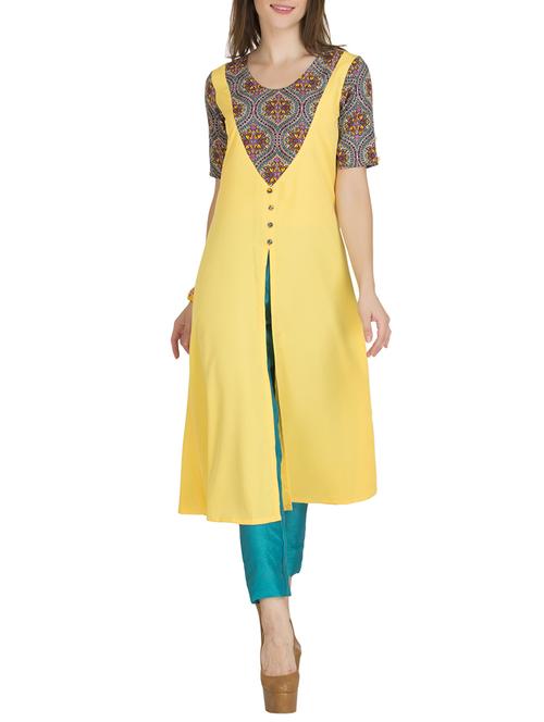 yellow crepe high-slit kurta - 14896413 - Very Small Image - 1