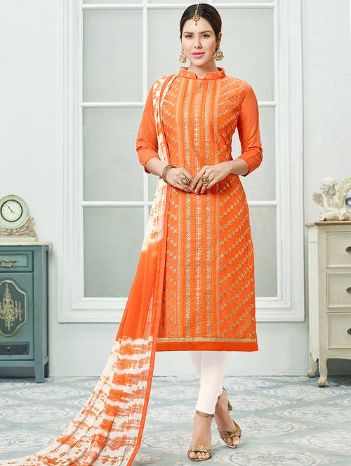 orange chanderi cotton unstitched suit - 14898041 - Very Small Image - 1