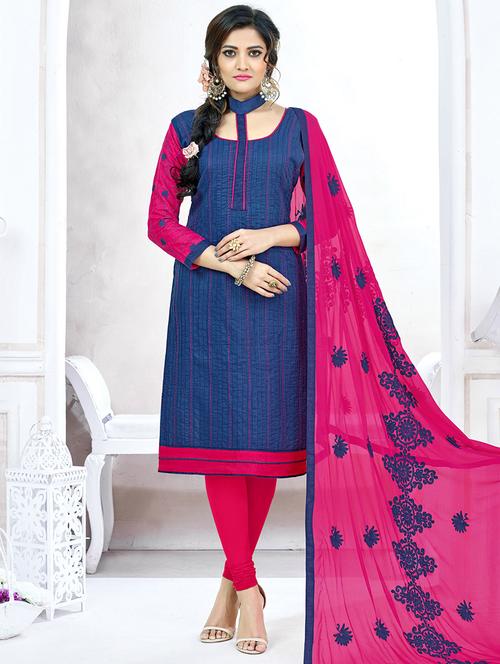blue cotton unstitched suit - 14898070 - Very Small Image - 1