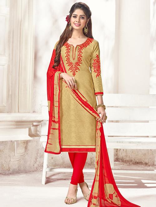 beige cotton unstitched suit - 14898098 - Very Small Image - 1