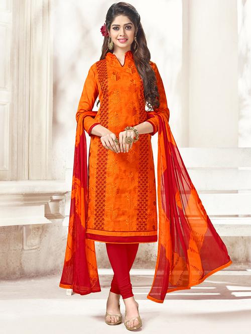 orange cotton unstitched suit - 14898105 - Very Small Image - 1
