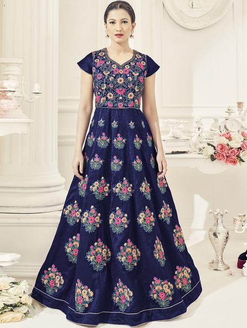 blue embroidered semi-stitched anarkali suits - 14898246 - Very Small Image - 1