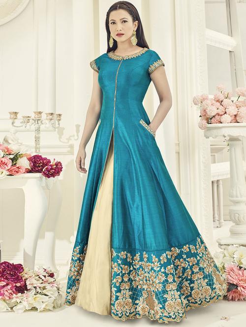 sky blue embroidered semi-stitched pakistani suit - 14898247 - Very Small Image - 1