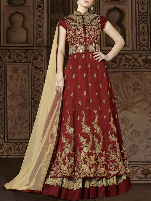 maroon embroidered semi-stitched skirt suits - 14898248 - Very Small Image - 1