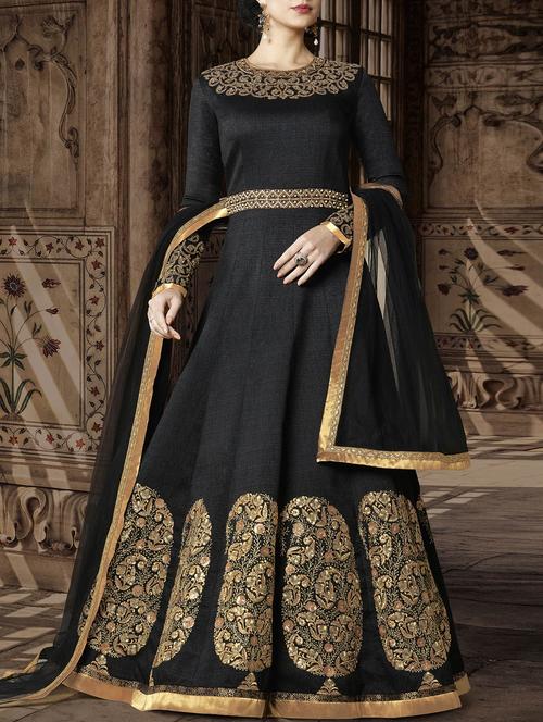 black embroidered semi-stitched anarkali suit - 14898256 - Very Small Image - 1