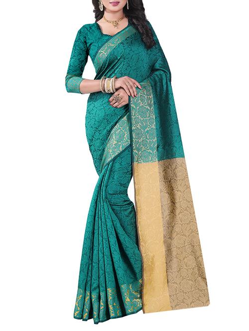 turquoise silk blend saree with blouse - 14898370 - Very Small Image - 1