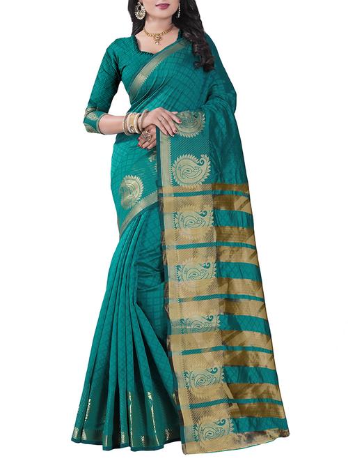 turquoise silk blend saree with blouse - 14898375 - Very Small Image - 1