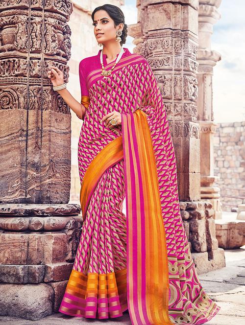 pink kota cotton printed saree with blouse - 14898949 - Very Small Image - 1