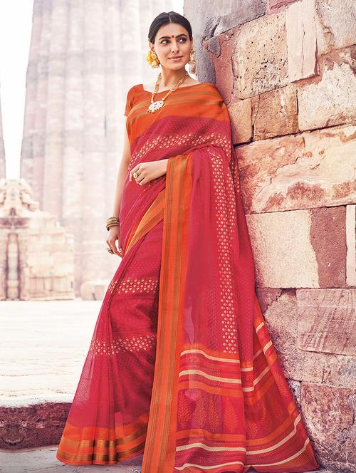red kota cotton printed saree with blouse - 14898965 - Very Small Image - 1
