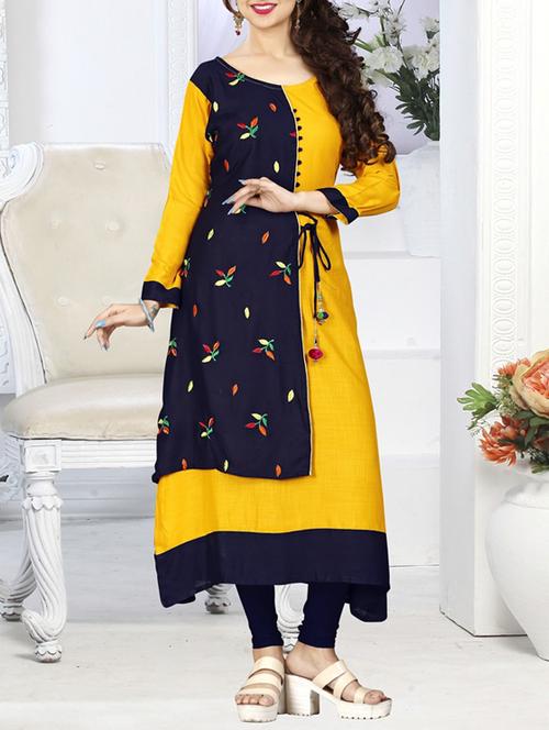 yellow & blue rayon layered kurta - 14899815 - Very Small Image - 1