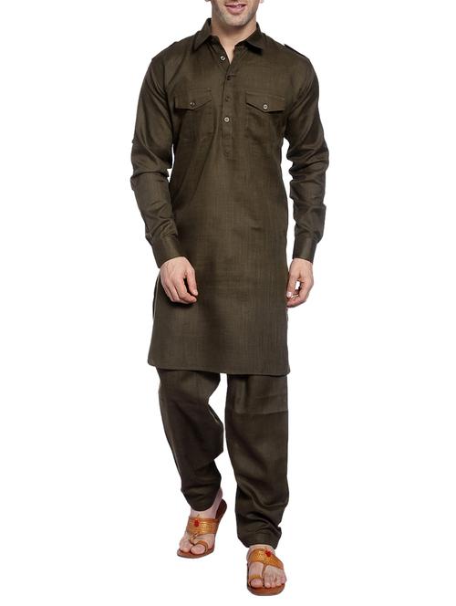 olive cotton pathani ethnic wear set - 14899967 - Very Small Image - 1