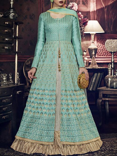 sky blue embroidered semi-stitched anarkali suit - 14900400 - Very Small Image - 1
