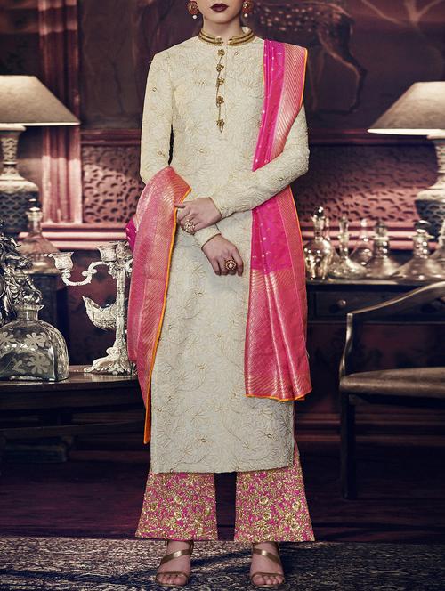 cream silk embroidered semi-stitched plazzo suit - 14900401 - Very Small Image - 1