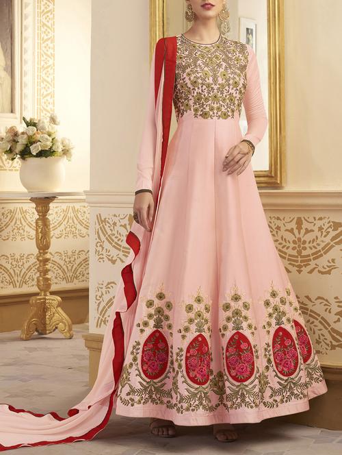 pink embroidered semi-stitched anarkali suit - 14900406 - Very Small Image - 1
