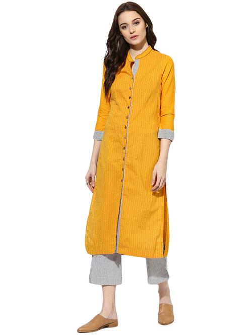 yellow cotton straight kurta - 14901712 - Very Small Image - 1