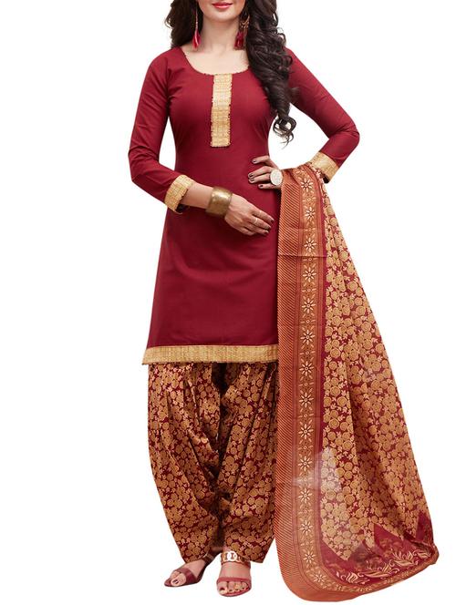 maroon cotton unstitched suit - 14902869 - Very Small Image - 1