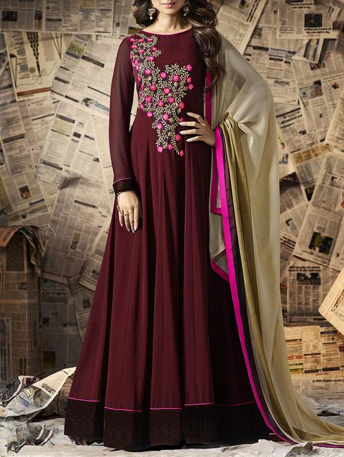 maroon georgette semistitched suit - 14903205 - Very Small Image - 1
