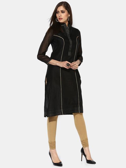 indian dobby black chanderi straight kurta - 14903213 - Very Small Image - 1