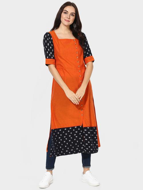 indian dobby orange cotton straight kurta - 14903219 - Very Small Image - 1
