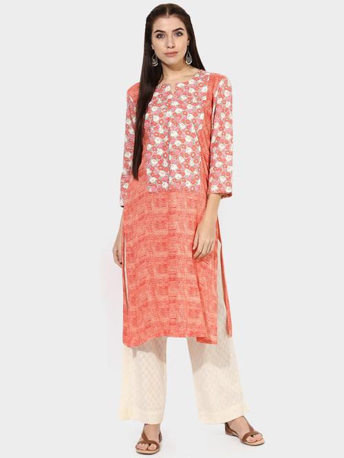 indian dobby peach rayon straight kurta - 14903222 - Very Small Image - 1