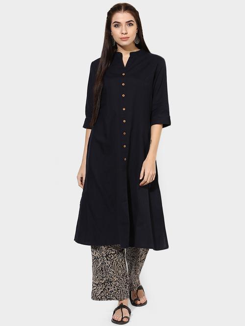 indian dobby blue cotton a-line kurta - 14903224 - Very Small Image - 1