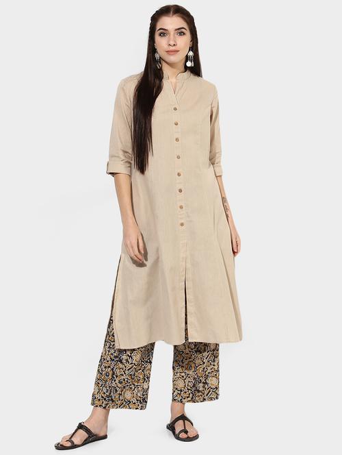 indian dobby beige cotton a-line kurta - 14903225 - Very Small Image - 1
