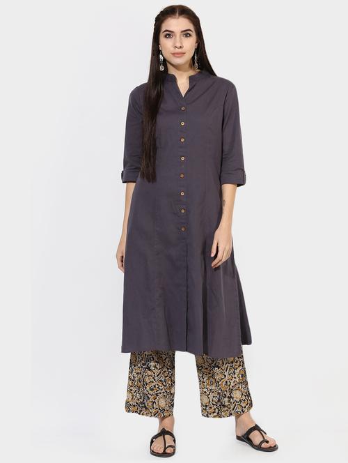 indian dobby grey cotton a-line kurta - 14903226 - Very Small Image - 1