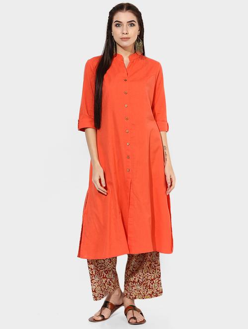 indian dobby peach cotton a-line kurta - 14903230 - Very Small Image - 1