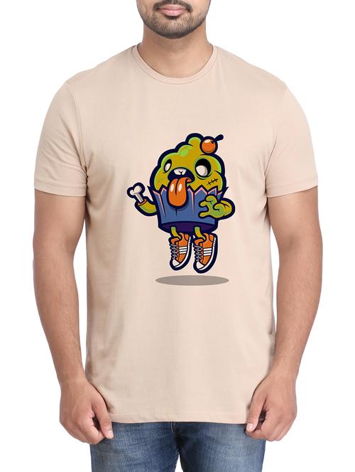 beige cotton chest print tshirt - 14905614 - Very Small Image - 1