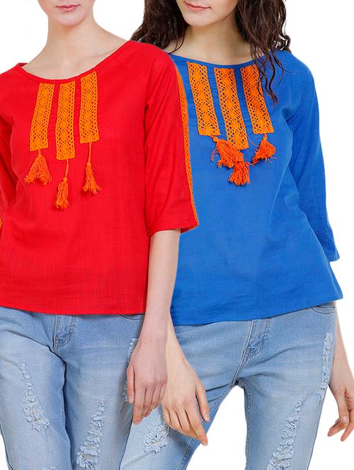 set of 2 multi colored solid cotton straight tops - 14907220 - Very Small Image - 1