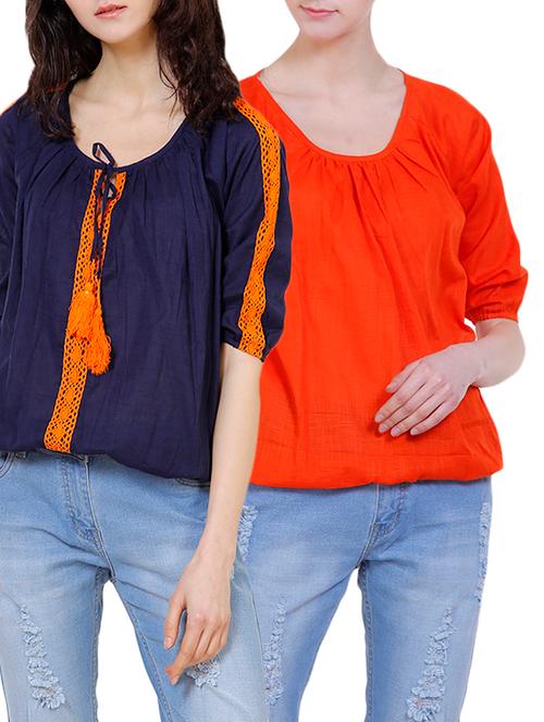 set of 2 multi colored solid cotton blouson tops - 14907229 - Very Small Image - 1