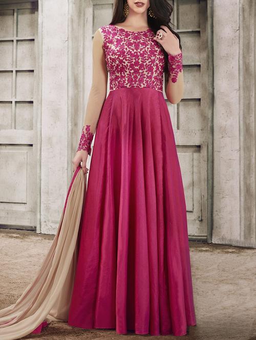 pink silk semi-stitched anarkali suit - 14908009 - Very Small Image - 1
