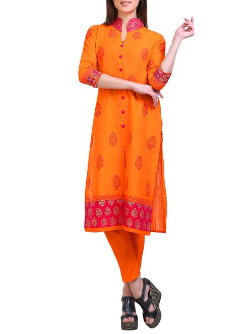orange cotton straight kurta - 14908579 - Very Small Image - 1