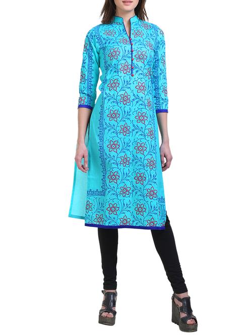 turquoise cotton straight kurta - 14908587 - Very Small Image - 1