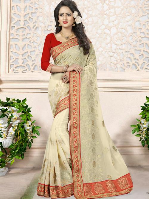 beige georgette embroidered saree with blouse - 14912332 - Very Small Image - 1