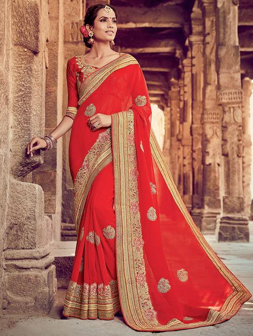 red georgette embroidered saree with blouse - 14913776 - Very Small Image - 1