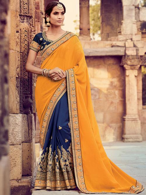 yellow half and half embroidered saree with blouse - 14913777 - Very Small Image - 1