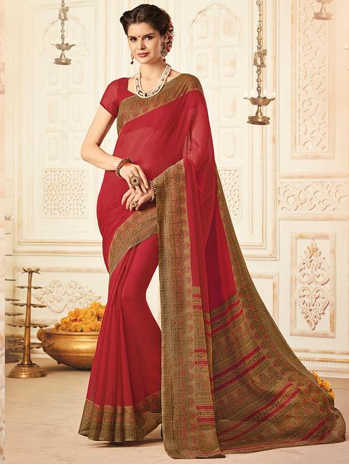 red cotton printed saree with blouse - 14913789 - Very Small Image - 1