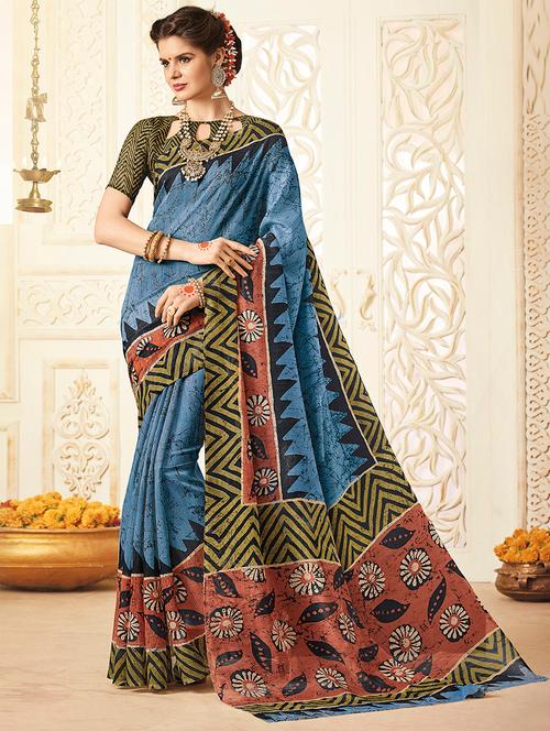 turquoise cotton printed saree with blouse - 14913801 - Very Small Image - 1