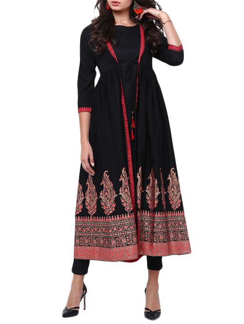 black cotton layered kurta - 14913878 - Very Small Image - 1