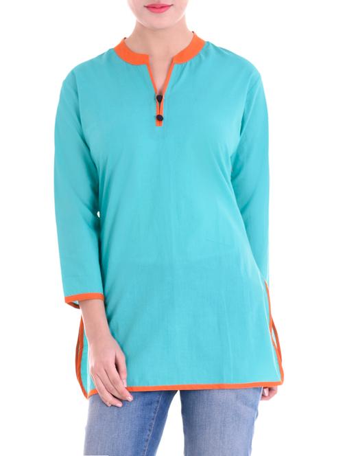 turquoise cotton straight kurti - 14915944 - Very Small Image - 1