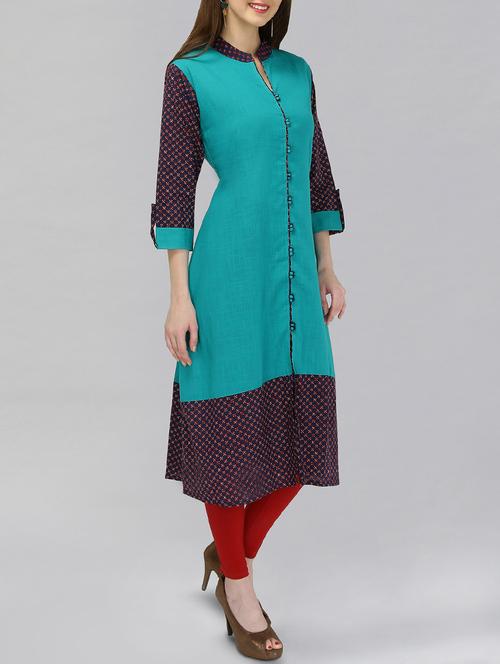 turquoise cotton aline kurta - 14916500 - Very Small Image - 1