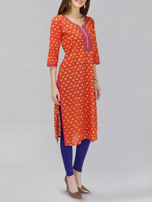 orange cotton straight kurta - 14916501 - Very Small Image - 1