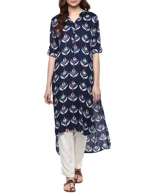blue rayon high-low kurta - 14920143 - Very Small Image - 1